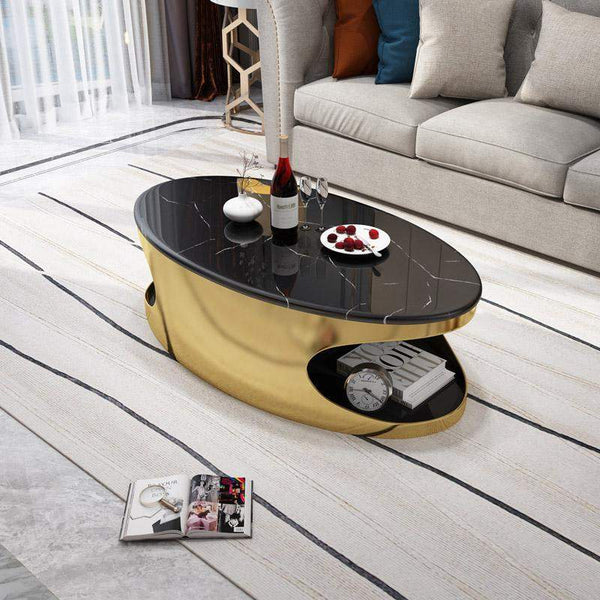 Oval Black Faux Marble Gold Coffee Table with Storage Stainless Steel ...