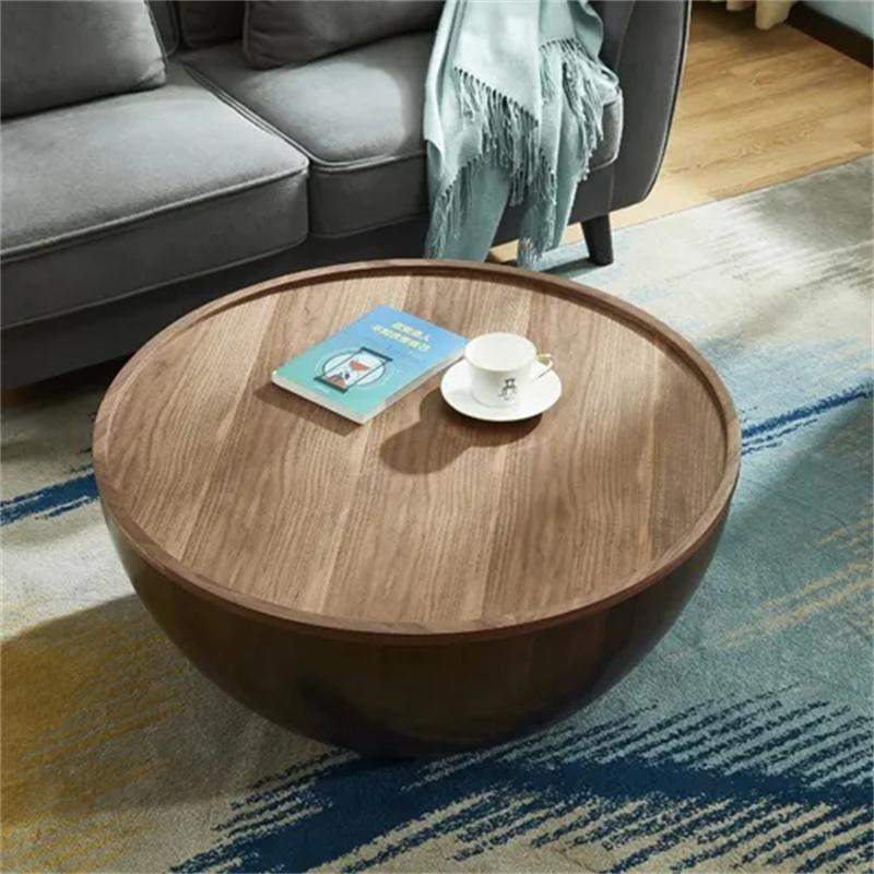 Round Drum Coffee Table with Storage Walnut Bowl Shaped Coffee Table Style A-Richsoul-Coffee Tables,Furniture,Living Room Furniture