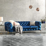 Modernes Chesterfield-Sofa, 228 cm, blauer Samt, 3-Sitzer, getuftete Rückenlehne, Leder-Aire-Stoff