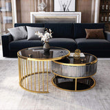 Modern Round Gold & Gray Nesting Coffee Table with Shelf Tempered Glass Top 2 Piece Set-Richsoul-Coffee Tables,Furniture,Living Room Furniture