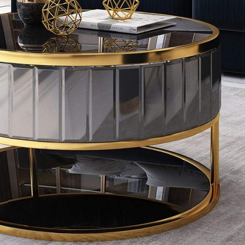 Modern Round Gold & Gray Nesting Coffee Table with Shelf Tempered Glass Top 2 Piece Set-Richsoul-Coffee Tables,Furniture,Living Room Furniture