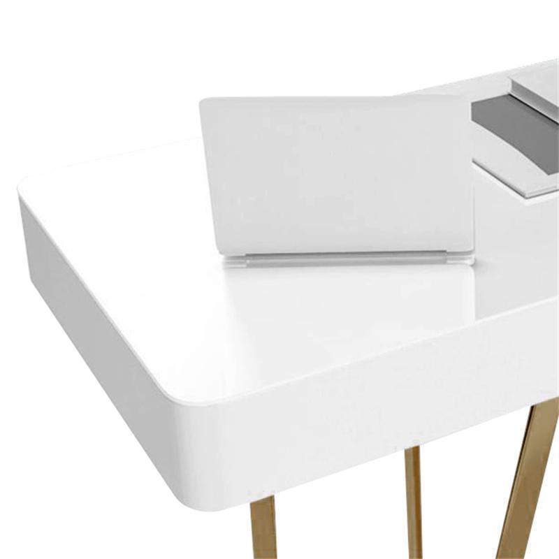2-Drawers White Office Desk 55" Modern Writing Desk Gold Tripod Base Stainless Steel-Desks,Furniture,Office Furniture