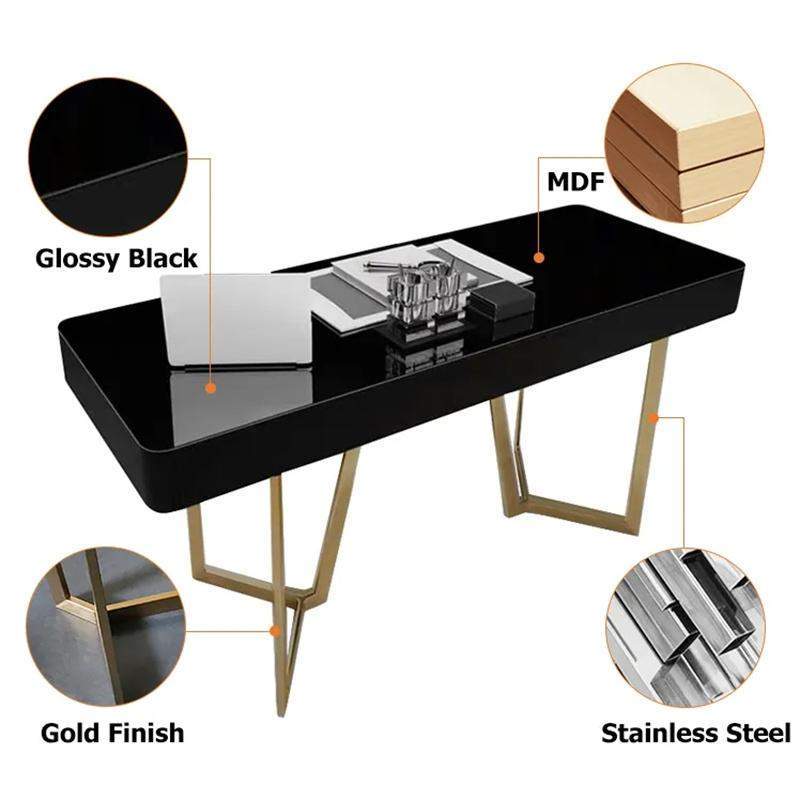 2-Drawers White Office Desk 55" Modern Writing Desk Gold Tripod Base Stainless Steel-Desks,Furniture,Office Furniture