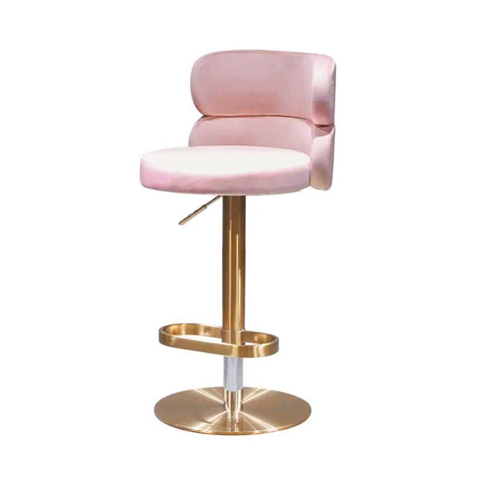 Swivel Bar Stool with Backrest Adjustable Height Pink Velvet Upholstery in Gold Finish