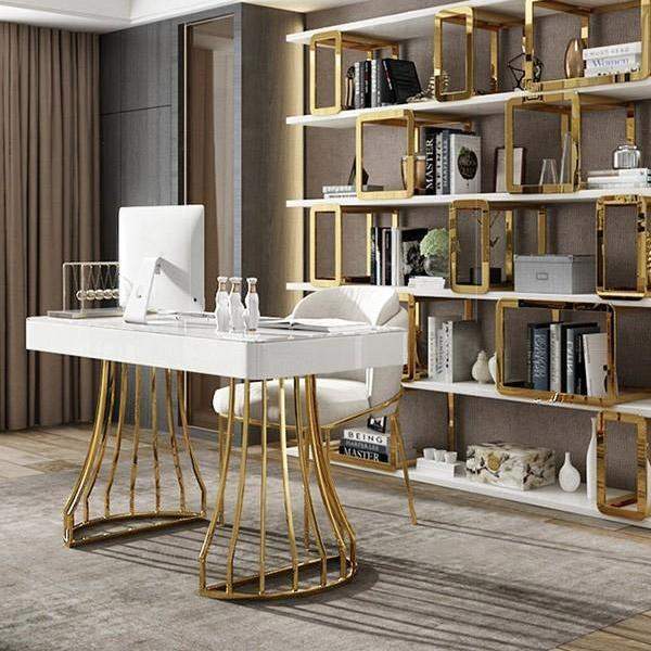 White Office Desk 47" Modern Writing Desk Gold Base Stainless Steel-Desks,Furniture,Office Furniture