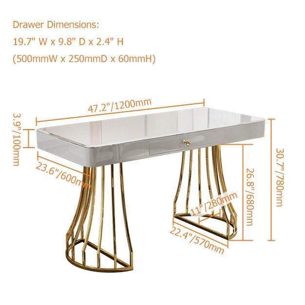 White Office Desk 47" Modern Writing Desk Gold Base Stainless Steel-Desks,Furniture,Office Furniture