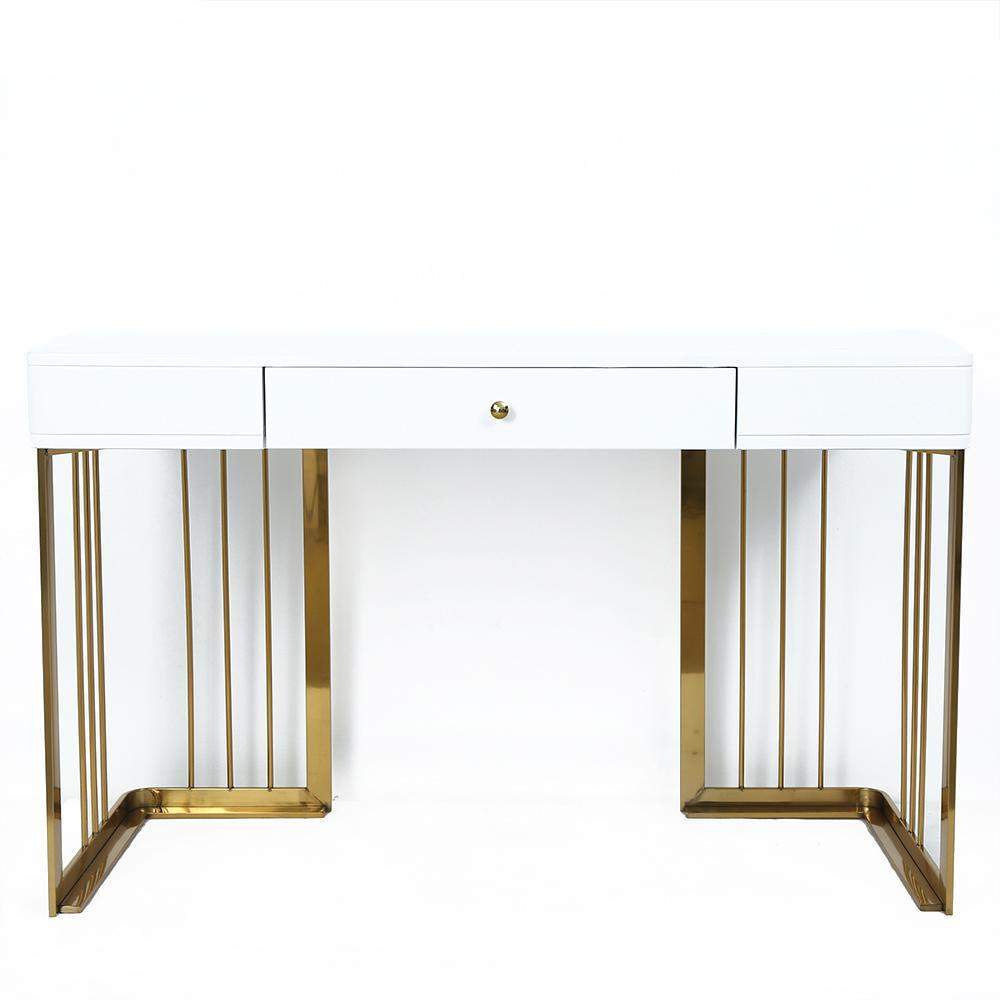 47" Glossy White Writing Desk with Drawer Modern Office Desk Gold Base-Desks,Furniture,Office Furniture