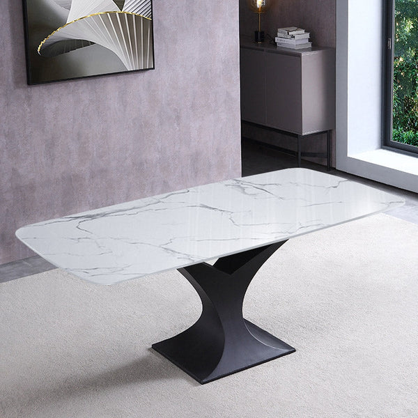 71" Modern Rectangle Stone Dining Table with Black Metal Y-Base in Whi ...