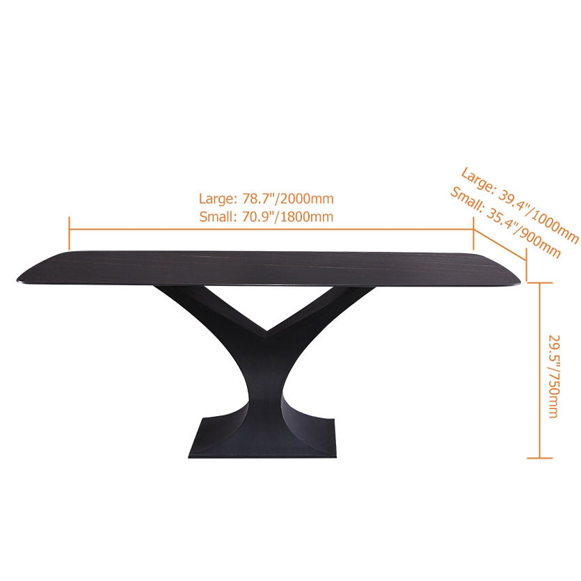 71" Modern Rectangle Stone Dining Table with Black Metal Y-Base in White