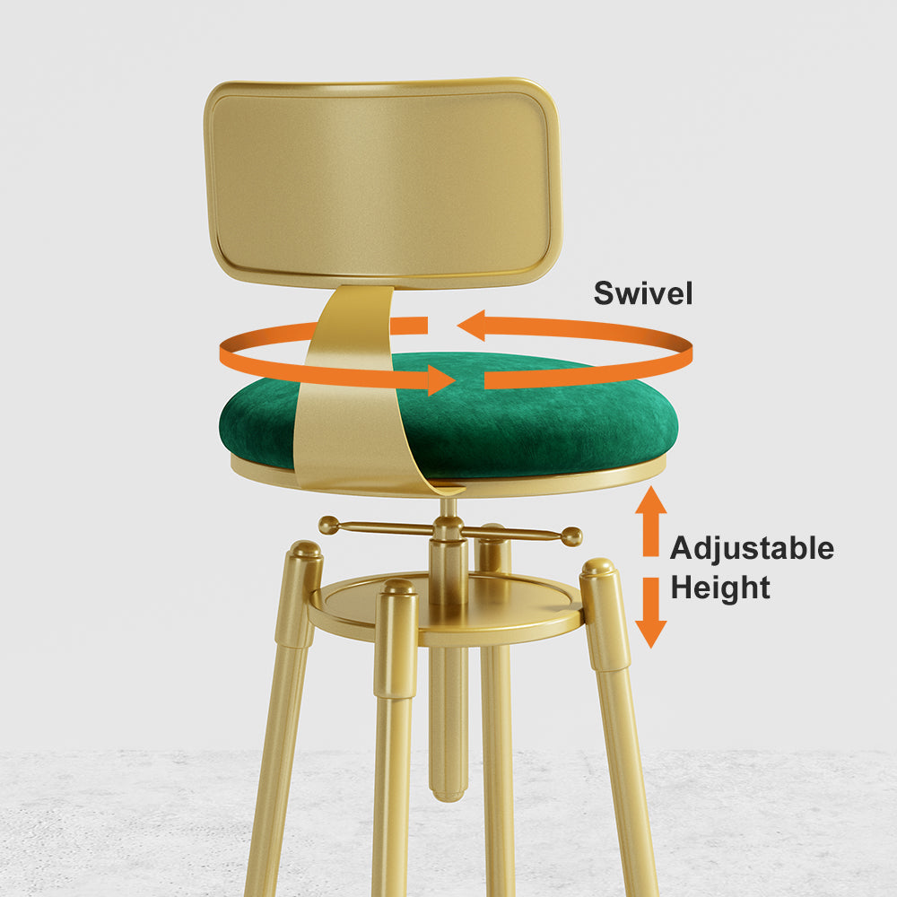 Swivel Adjustable Height Velvet Upholstered Bar Stool Green and Gold Legs Set of 2