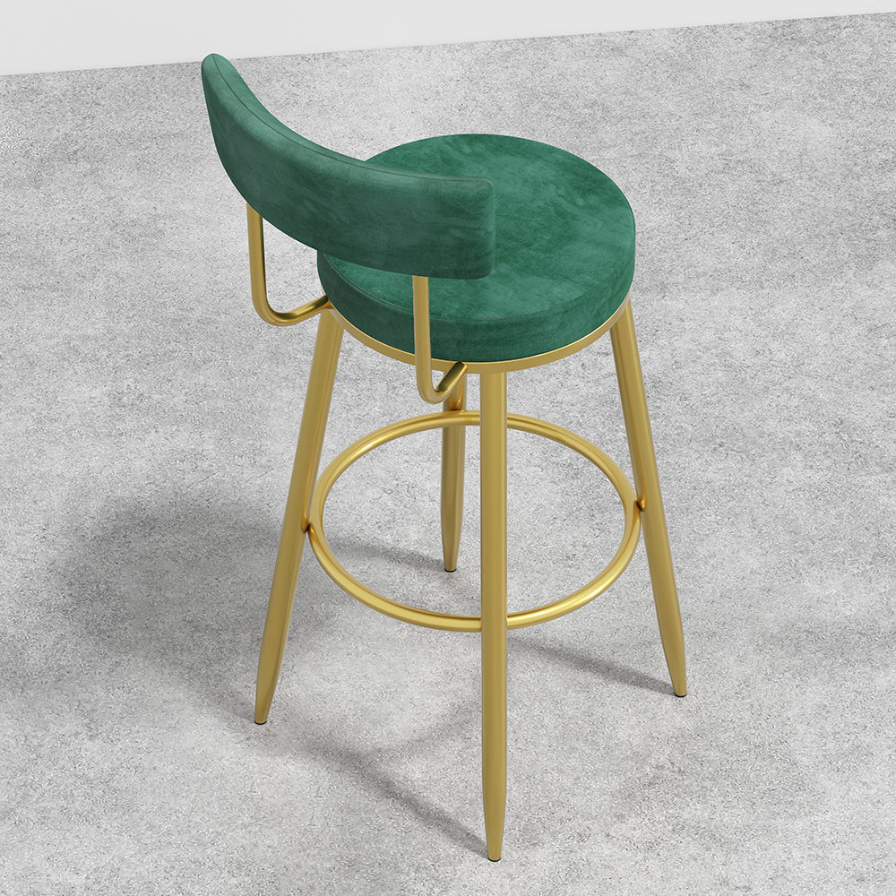 Round Green Bar Height Stool Velvet Upholstery with Back & Golden Footrest