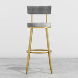 Round Gray Bar Height Stool Velvet Upholstery with Back & Golden Footrest