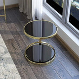 Black Round Side Table Tempered Glass with Storage End Table in Gold-Richsoul-End &amp; Side Tables,Furniture,Living Room Furniture