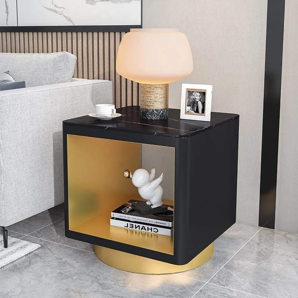 Modern Black Side Table with Storage Hollow Cube Table with Gold Metal Pedestal-Richsoul-End &amp; Side Tables,Furniture,Living Room Furniture