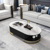 White Oval Storage Coffee Table with Drawers Stone Gold Base-Richsoul-Coffee Tables,Furniture,Living Room Furniture