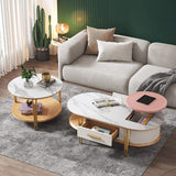 Round & Oval Lift-Top Multifunctional Coffee Table with Storage of 2-Drawer in White & Pink