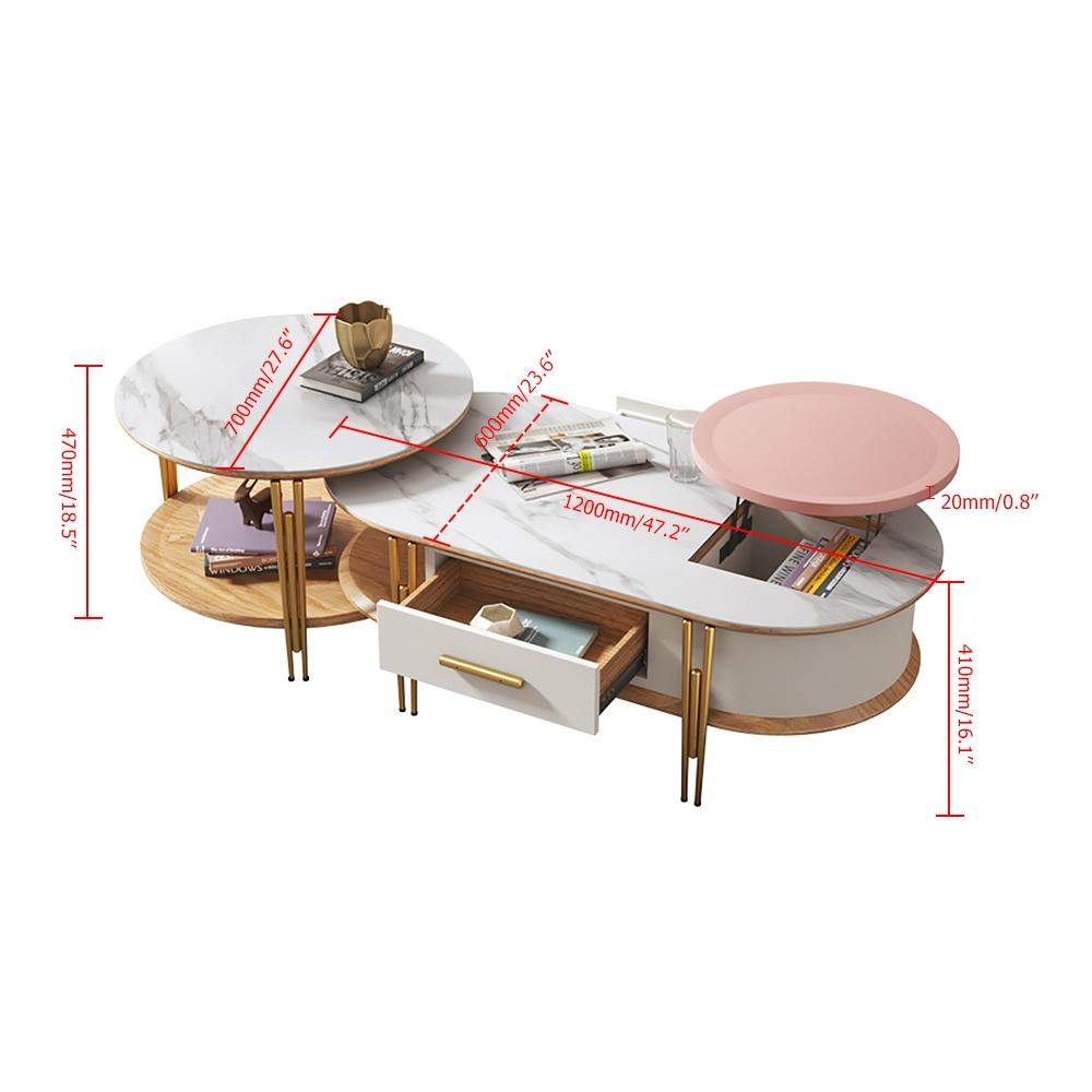 Round & Oval Lift-Top Coffee Table with Storage of 2-Drawer in White & Pink-Richsoul-Coffee Tables,Furniture,Living Room Furniture