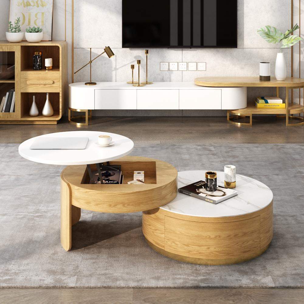 moderner runder couchtisch mit stauraum lift-top couchtisch aus holz und  stein mit 2 schubladen - natürlich