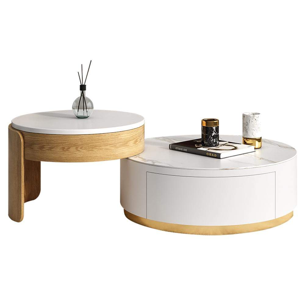Modern Round Coffee Table with Storage Lift-Top Wood & Stone Coffee Table with 2 Drawers-Richsoul-Coffee Tables,Furniture,Living Room Furniture