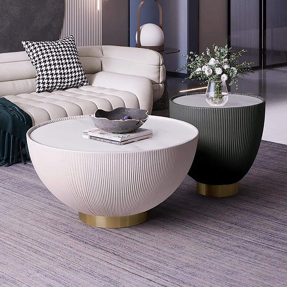 Beige Drum Coffee Table Stone Round PU-Leather Accent Table in Gold-Richsoul-Coffee Tables,Furniture,Living Room Furniture