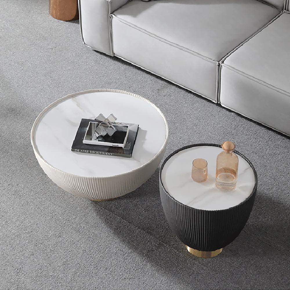 Beige Drum Couchtisch Stone Round PU Leather Accent Table in Gold ...