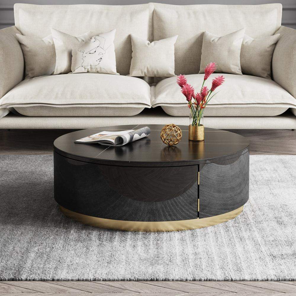 Black Round Coffee Table with Rotating Drawers Stone Top Stainless Steel Base-Richsoul-Coffee Tables,Furniture,Living Room Furniture
