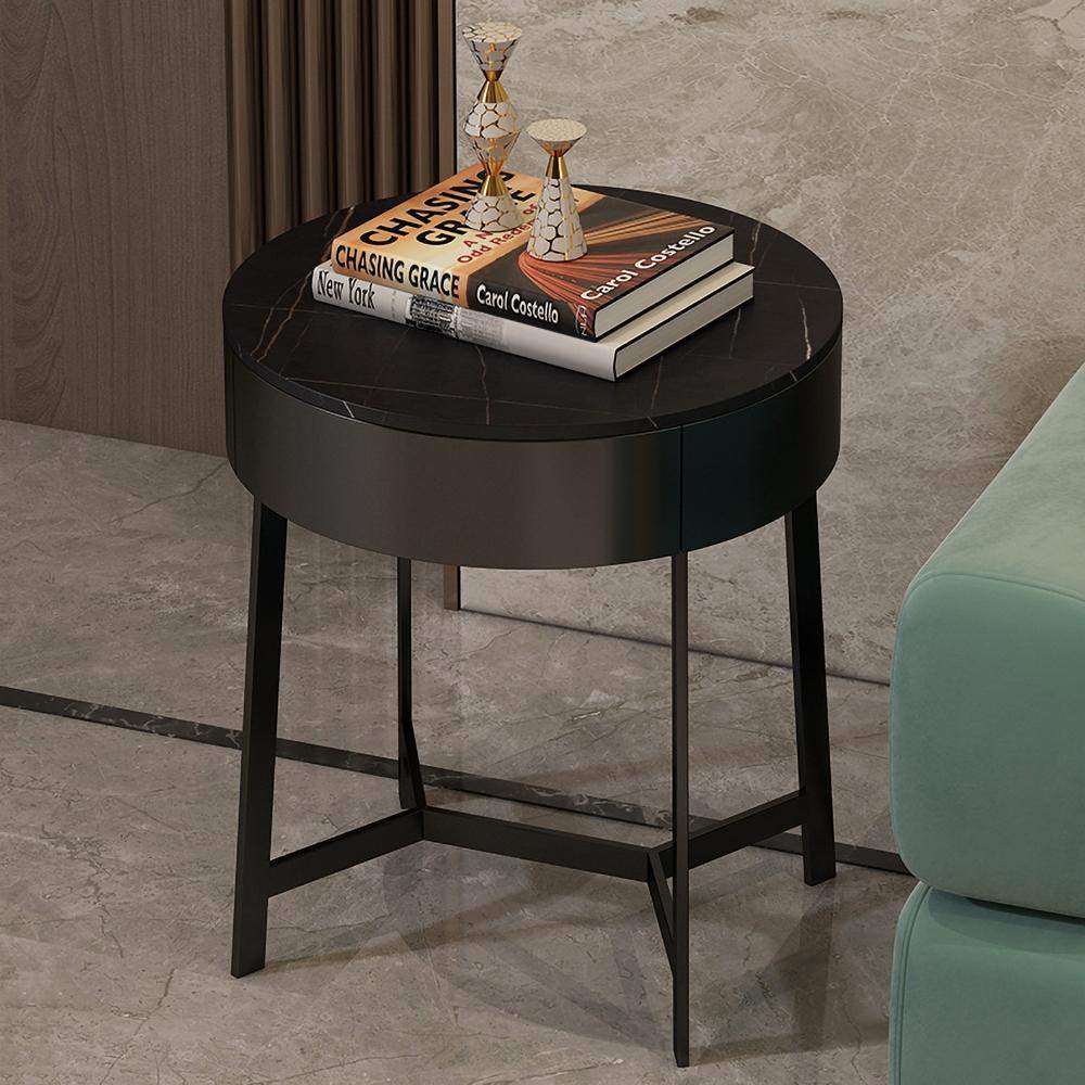Black Round Side Table with Drawer Stone Top Accent Table Metal in Gold Finish-Richsoul-End &amp; Side Tables,Furniture,Living Room Furniture