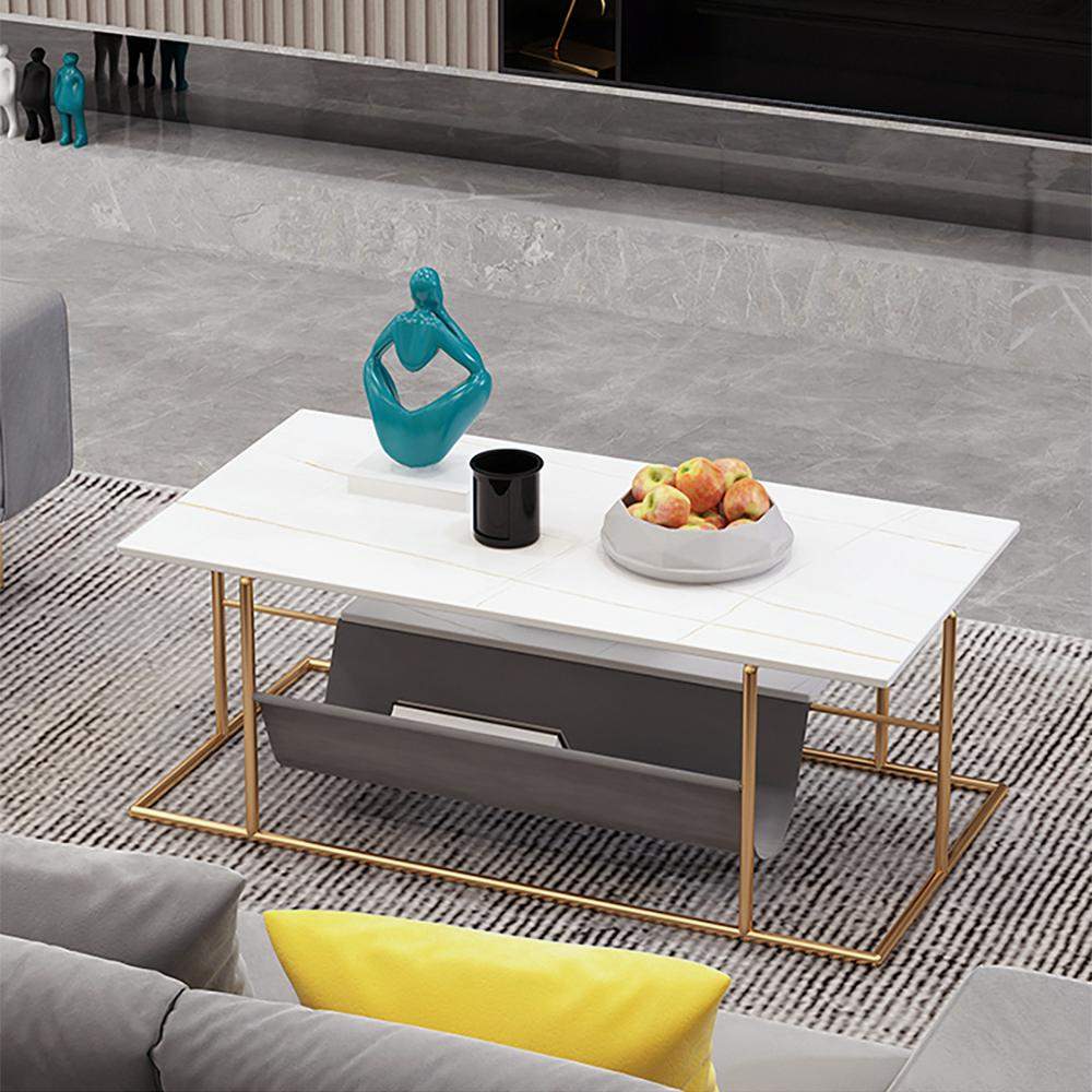 Modern Coffee Table with Storage Stone Top &Metal Frame in Rectangle-shape White-Richsoul-Coffee Tables,Furniture,Living Room Furniture