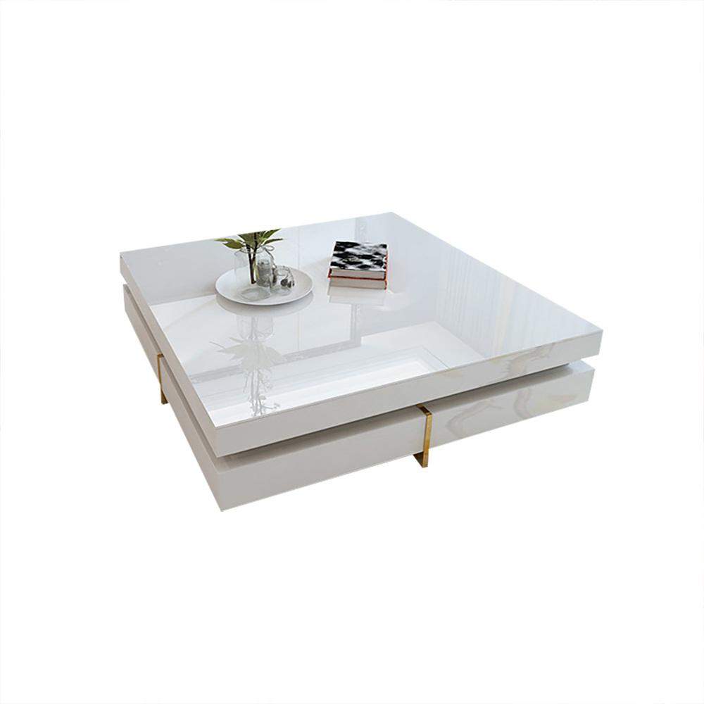 White Modern Square Coffee Table with Drawers Tempered Glass Top & Metal Legs-Richsoul-Coffee Tables,Furniture,Living Room Furniture