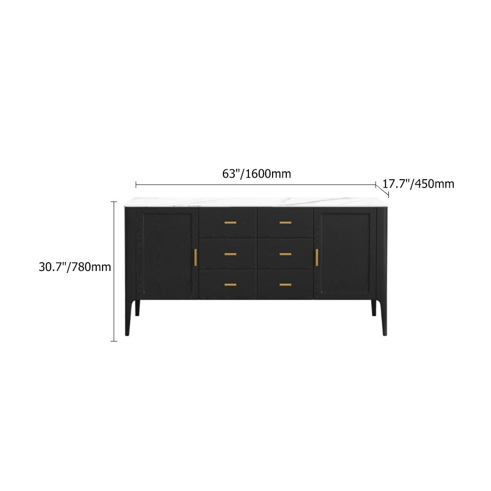 Modern Black Stone Top Buffet Drawers & Doors Kitchen Cabinet Gold Pull in Small