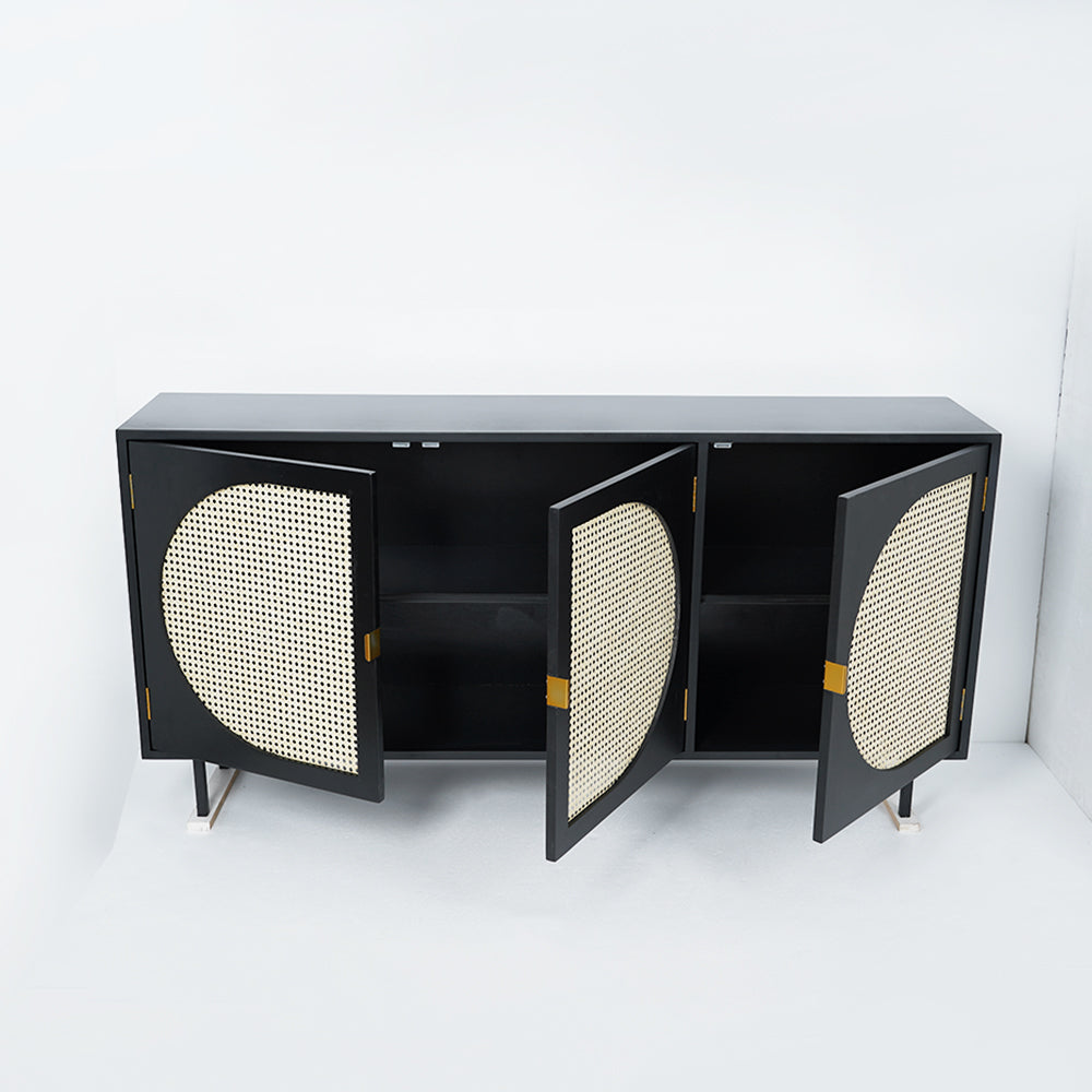 63" Rectangular Black Rattan Sideboard Buffet 3 Doors Storage Cabinet Plywood