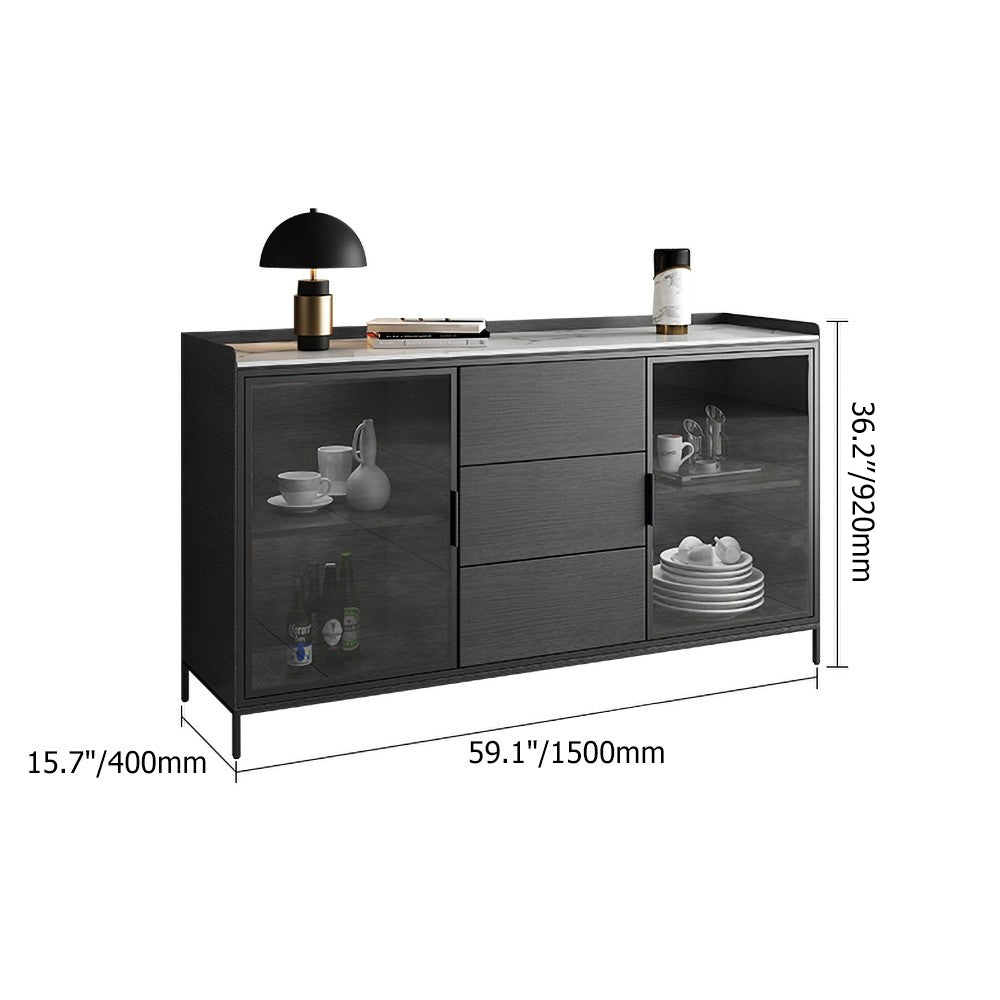 59" Black Sideboard Buffet Doors&Drawers Stone Top Modern Sideboard Cabinet in Large