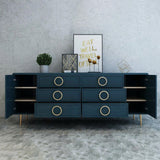 Gabinete de aparador azul Credenza dorada Cajones y 2 puertas Mid-Century de 63'' en grande