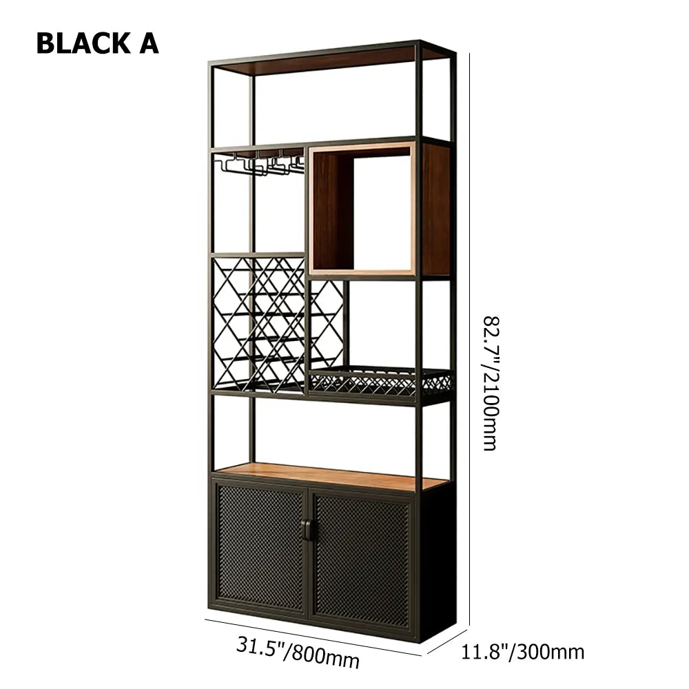 Industrial Black 5-Tier Freestanding Wine Rack Cabinet with Glass Holder