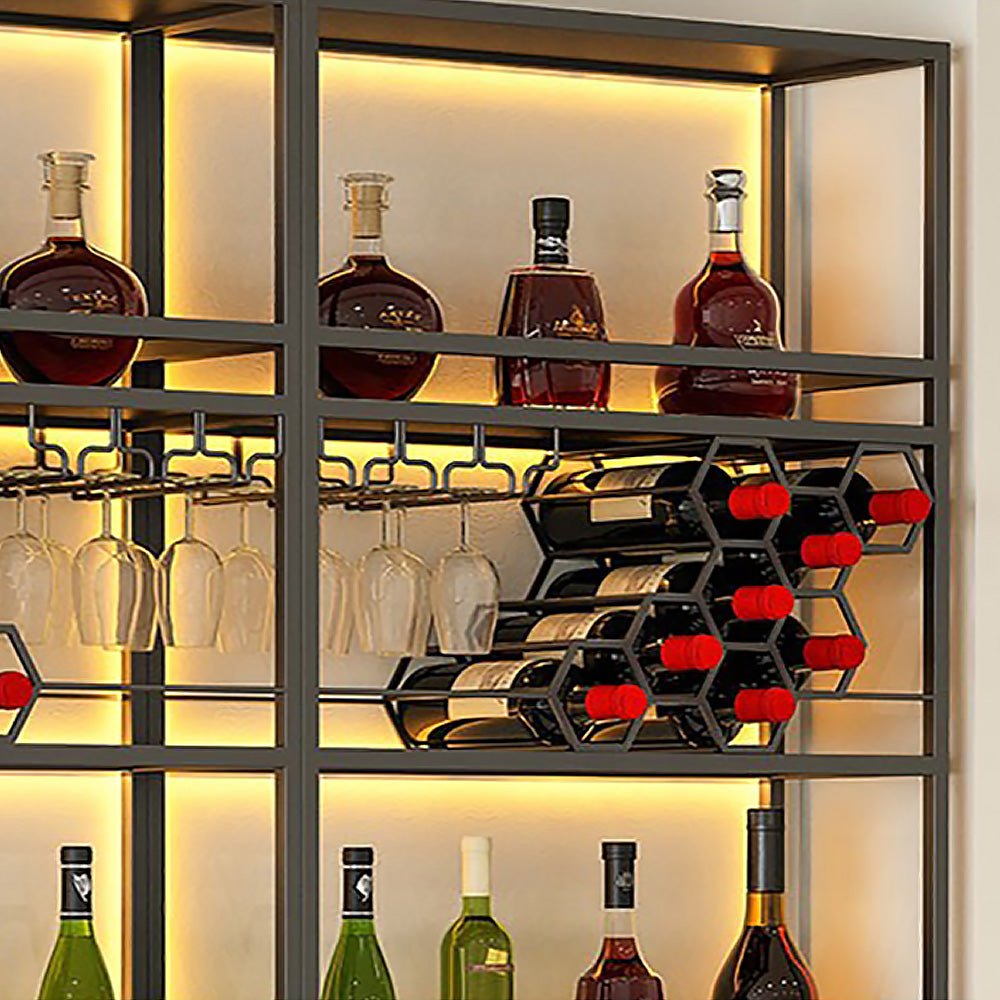 Contemporary Standing Honeycomb Wine Rack with Glass Rack in Black