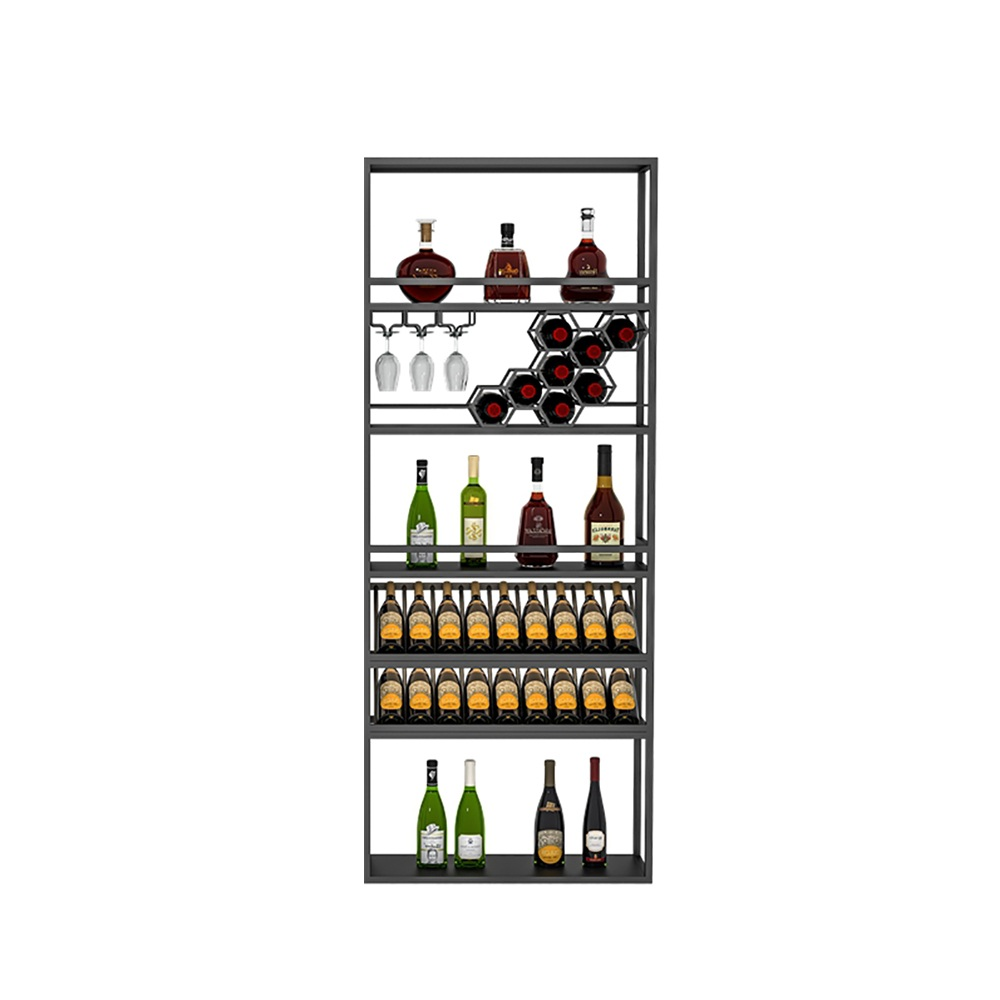 Contemporary Standing Honeycomb Wine Rack with Glass Rack in Black