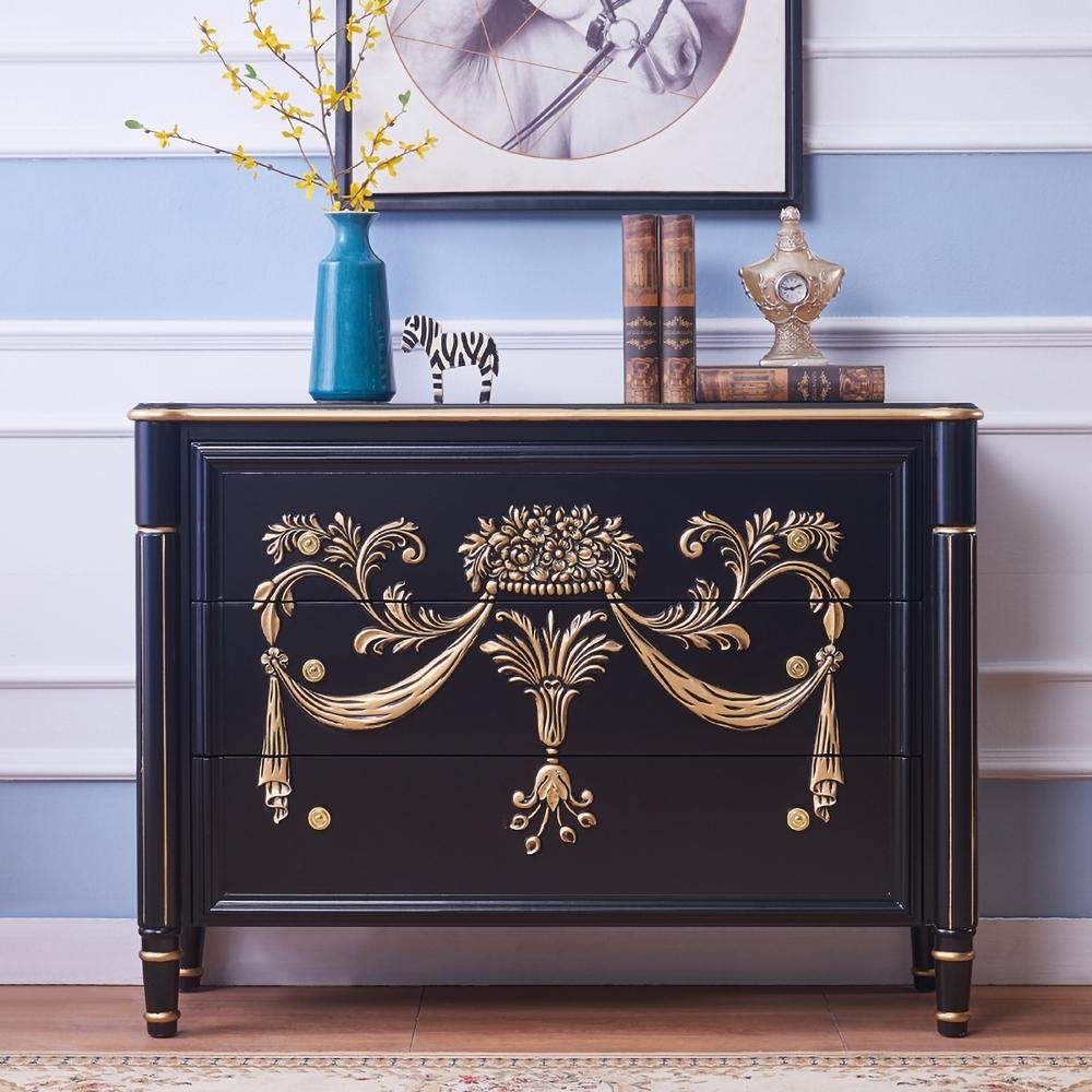 47" Classic Black Entryway Cabinet Embossed Flower Patterns 3 Chest of Drawers-Richsoul-Cabinets &amp; Chests,Furniture,Living Room Furniture