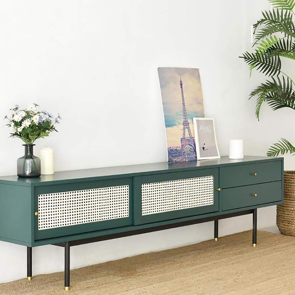 Modern Green TV Stand for 70 inch TV with 2 Drawers & 2 Doors & Rattan Decorated-Richsoul-Furniture,Living Room Furniture,TV Stands