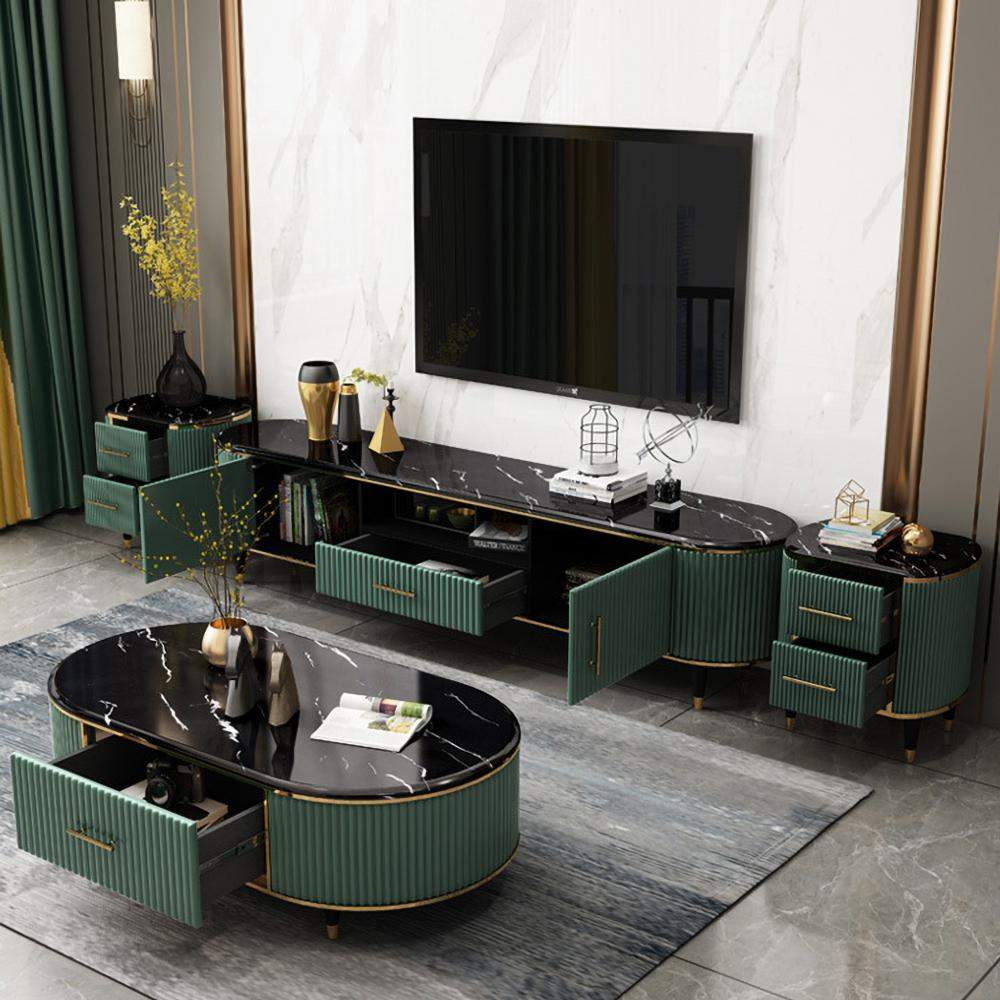 78.7" Modern Oval TV Stand Faux Marble Top Green Media Stand with 2 Doors & 1 Drawer-Richsoul-Furniture,Living Room Furniture,TV Stands