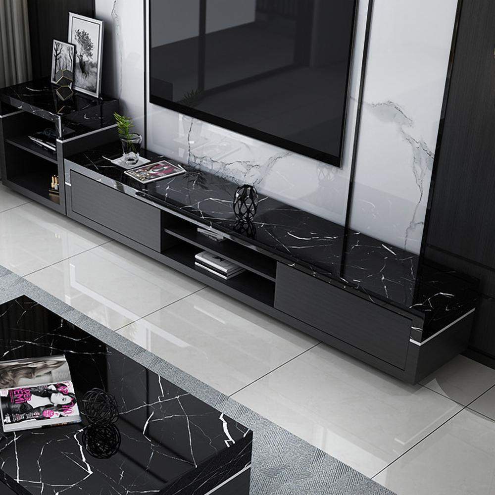 78" Black TV Stand Faux Marble Top Media Console with 2 Drawers & 1 Shelf-Furniture,Living Room Furniture,TV Stands