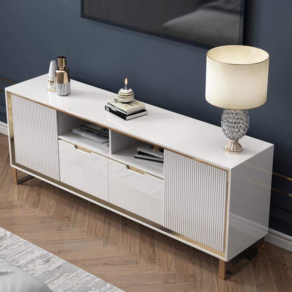 Minimalist White TV Stand Media Console with 2 Drawers & 2 Doors in Small-Richsoul-Furniture,Living Room Furniture,TV Stands