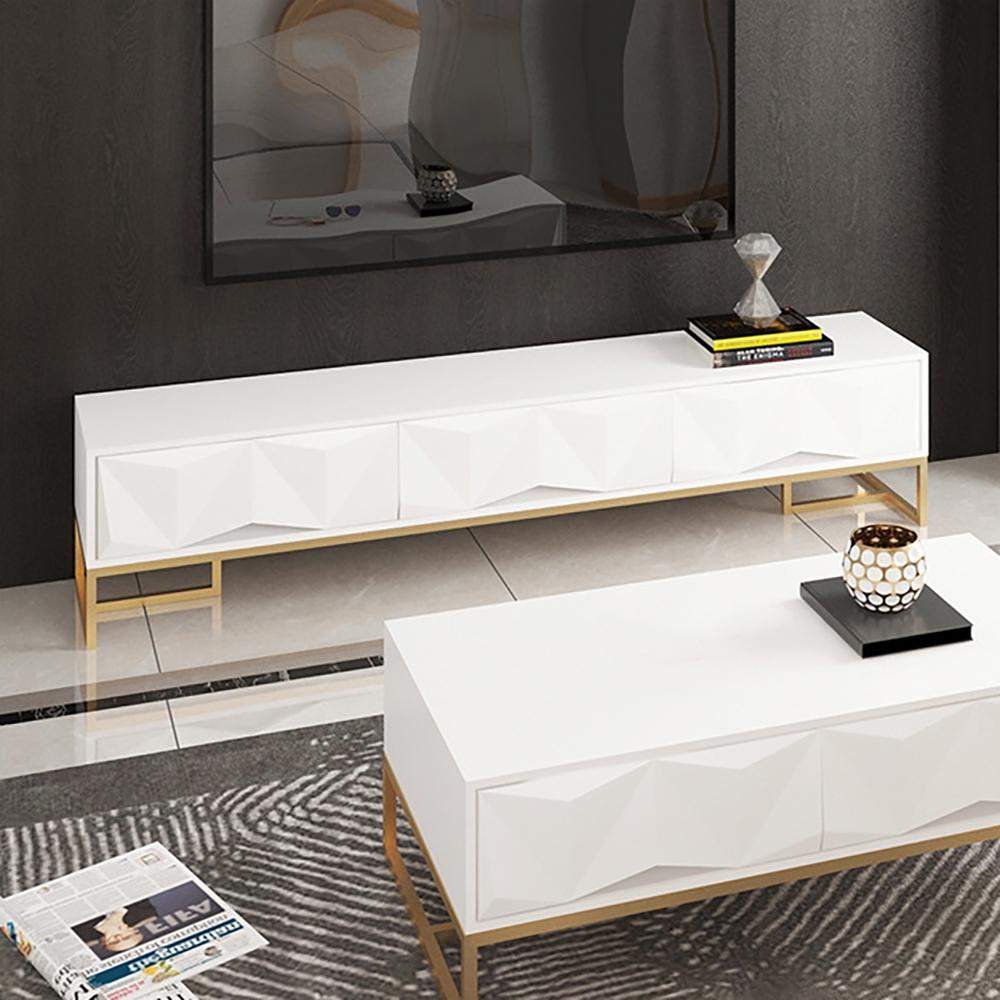 Nordic White TV Stand 3D Embossed Surface Media Console 3 Drawers in Small-Richsoul-Furniture,Living Room Furniture,TV Stands