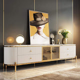 Modern White TV Stand with Oval Faux Marble Top & Tempered Glass Doors Media Console