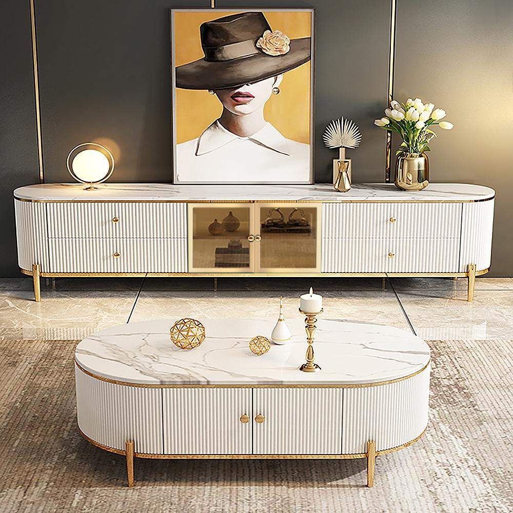 Modern White TV Stand with Oval Faux Marble Top & Tempered Glass Doors Media Console-Richsoul-Furniture,Living Room Furniture,TV Stands