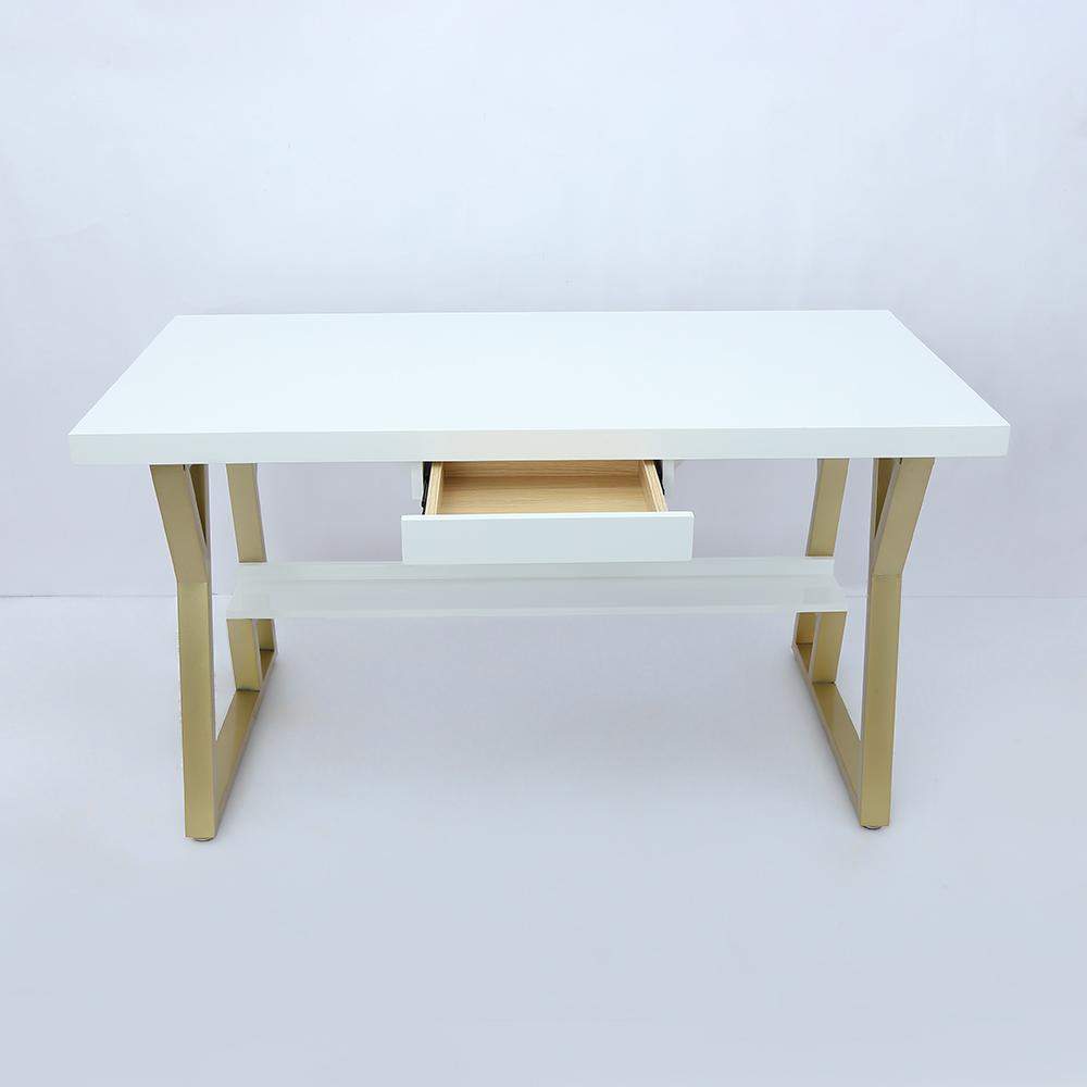 55" Rectangular White Computer Desk with Drawer and Shelf Gold Leg-Desks,Furniture,Office Furniture