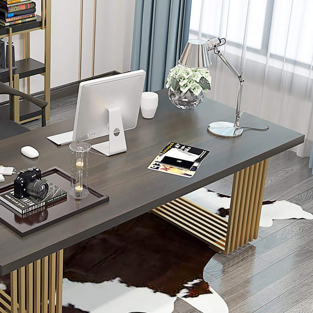 47" Rectangular Modern Home Office Desk with Solid Wood Table Top & Gold Frame-Desks,Furniture,Office Furniture