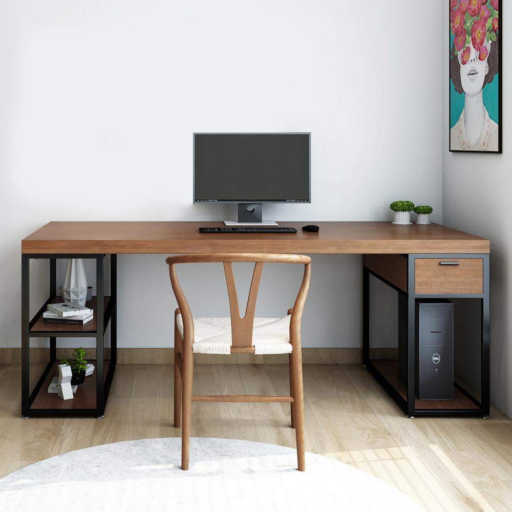 Rustic Pine Wood Computer Desk Black Loft Writing Desk with Drawers & Shelf-Desks,Furniture,Office Furniture