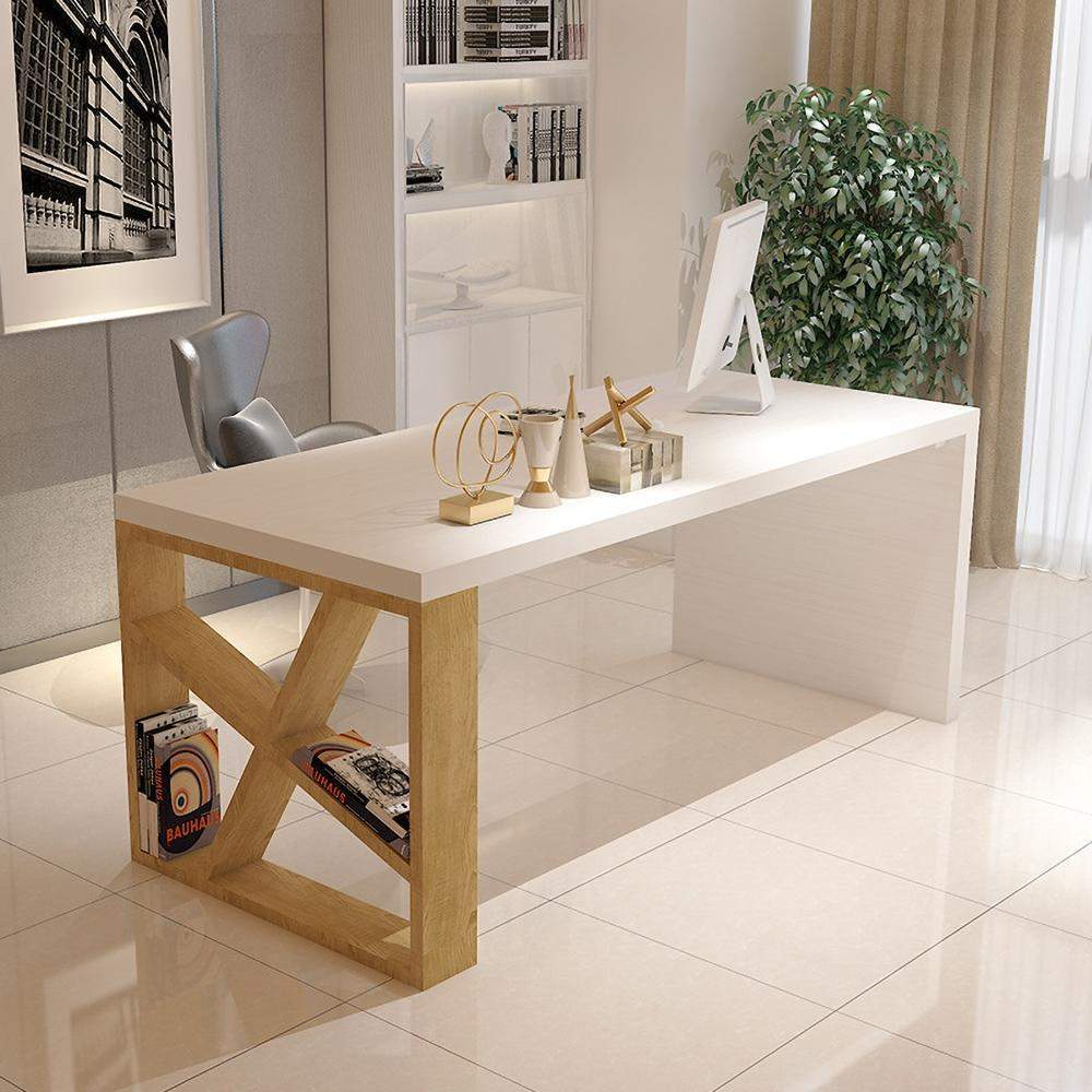 Modern White and Natural Rectangle Writing Desk with Shelf in Gold-Desks,Furniture,Office Furniture
