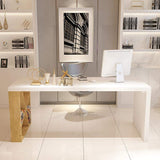 Modern White and Natural Rectangle Writing Desk with Shelf in Gold-Desks,Furniture,Office Furniture