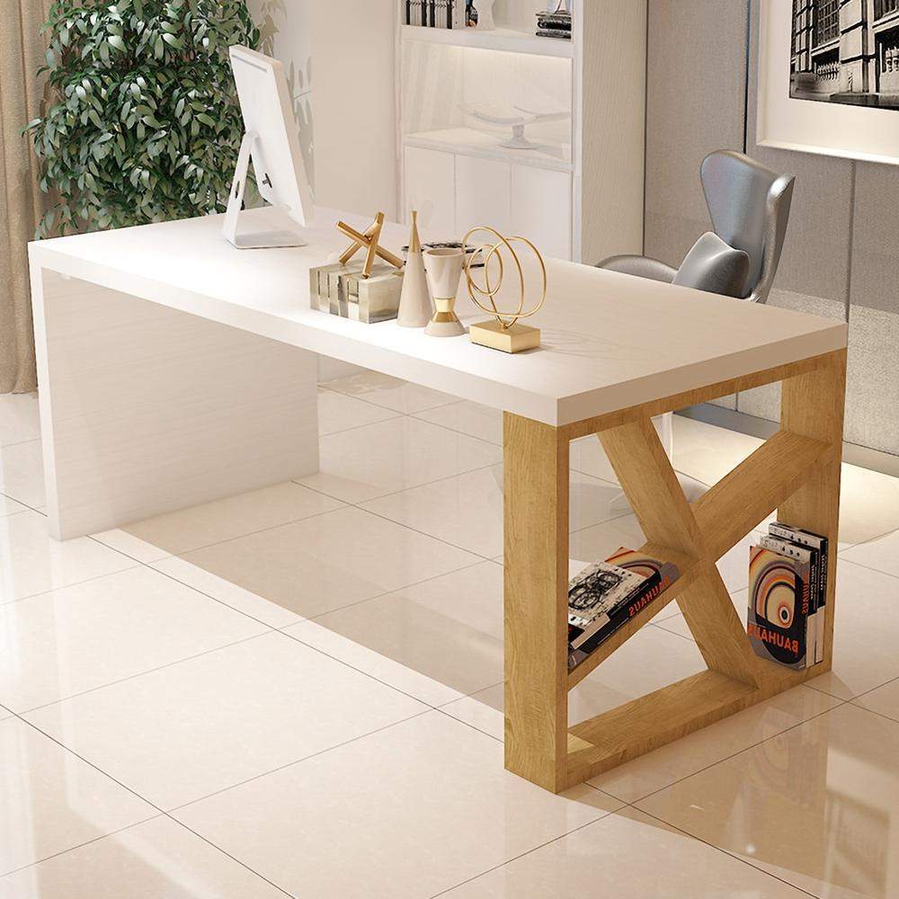 Modern White and Natural Rectangle Writing Desk with Shelf in Gold-Desks,Furniture,Office Furniture
